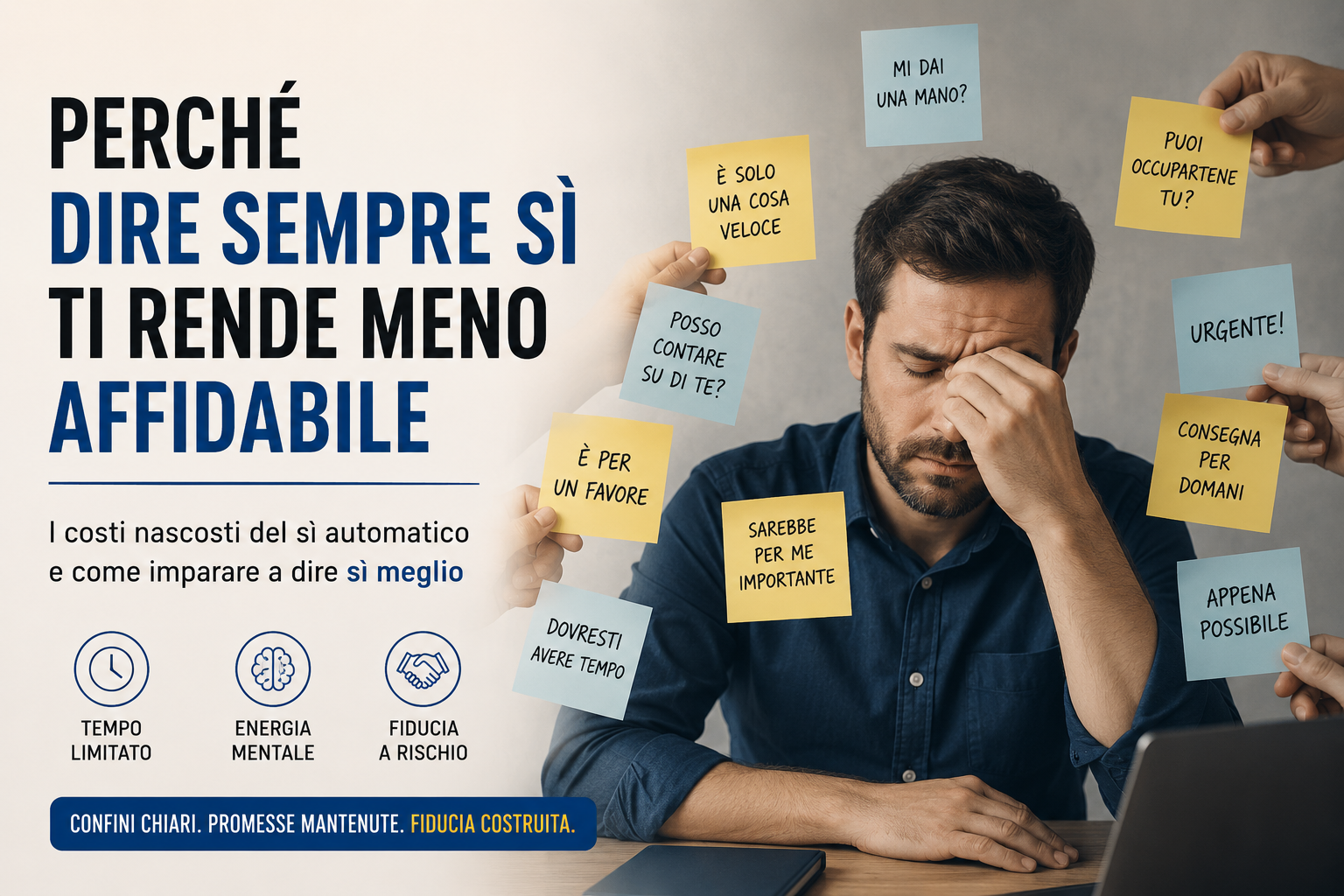 Persona seduta alla scrivania con espressione stanca, circondata da richieste su post-it e mani che le porgono nuovi compiti, a rappresentare il sovraccarico causato dal dire sempre sì.
