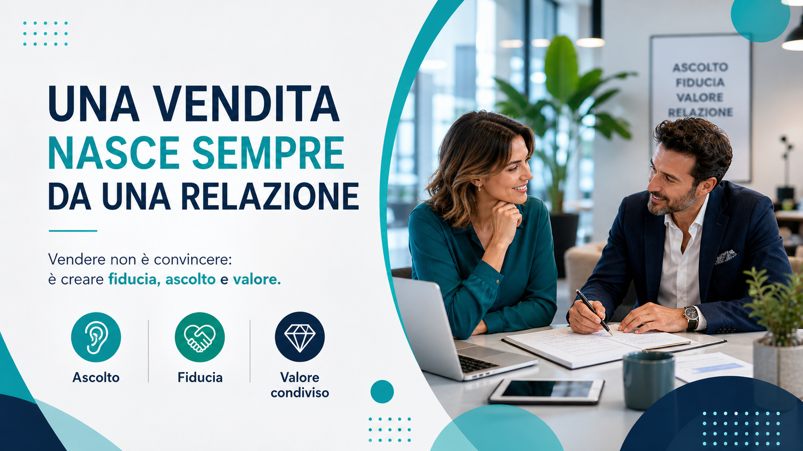 Vendita relazionale - due persona su una scrivania che lavorano insieme su un progetto
