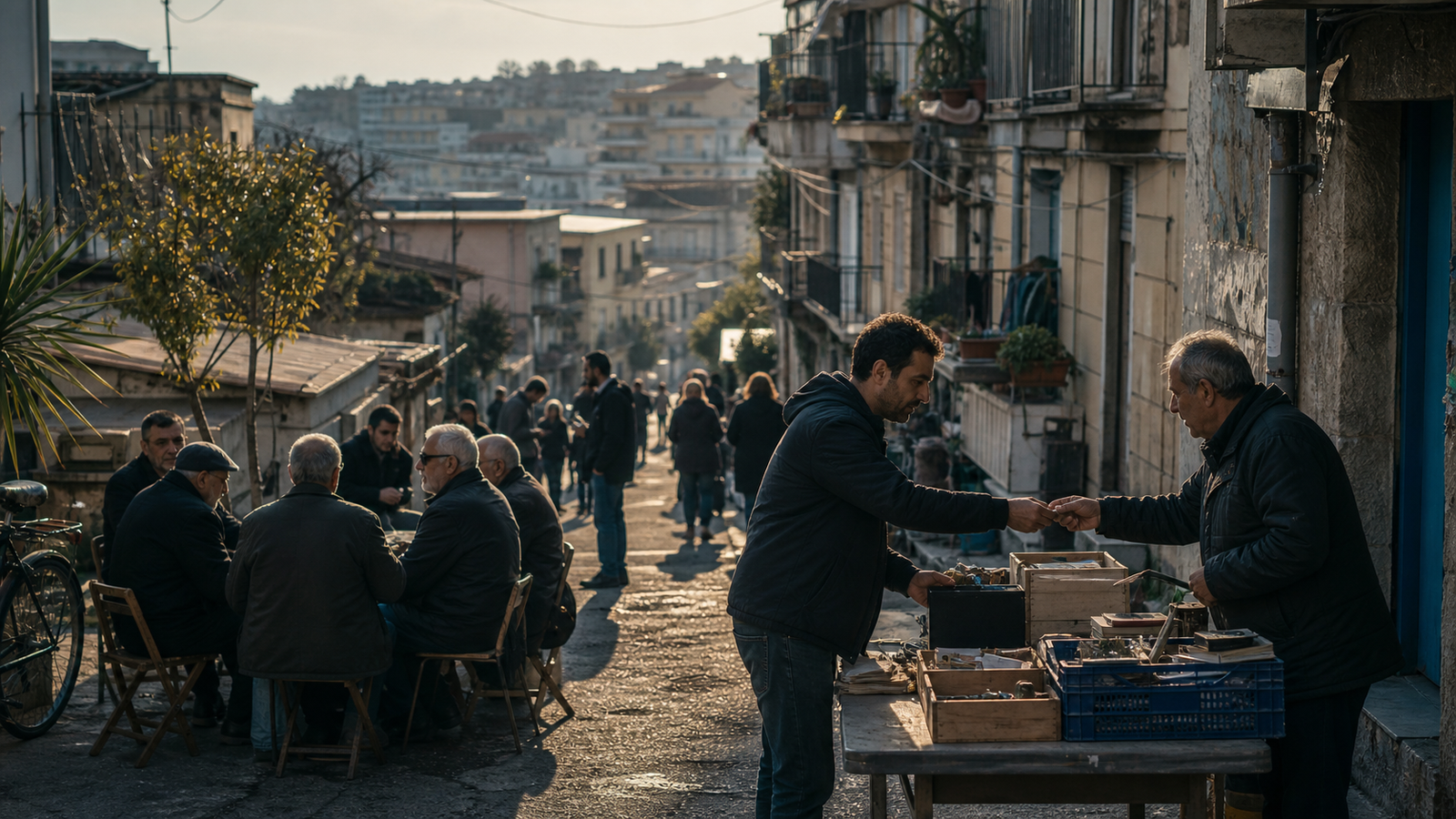 Scena di strada in un quartiere urbano popolare: alcune persone contrattano e acquistano piccoli oggetti da banchi improvvisati all’aperto, mentre gruppi di residenti conversano sullo sfondo