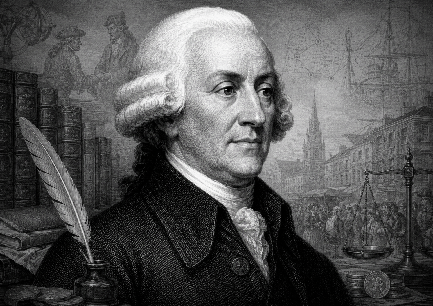 Ritratto in bianco e nero di Adam Smith in stile incisione classica, con libri, penna d’oca, monete, bilancia e scena urbana sullo sfondo a evocare economia, società e filosofia morale.