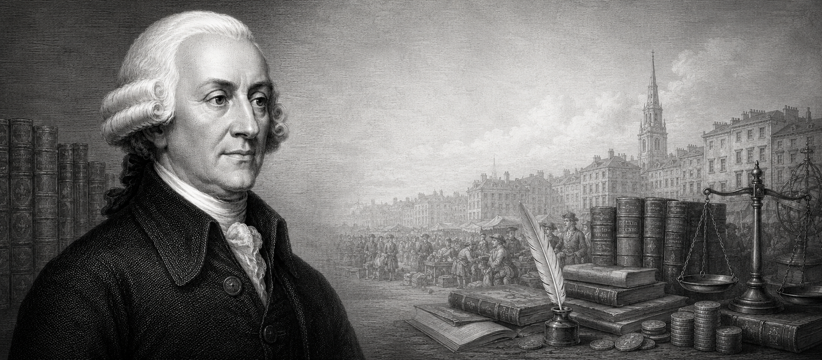 Ritratto in bianco e nero di Adam Smith in stile incisione classica, con libri, penna d’oca, monete, bilancia e scena urbana sullo sfondo a evocare economia, società e filosofia morale.